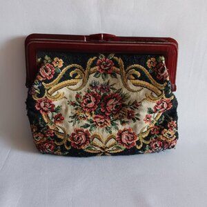 Victorian Floral Tapestry Clutch Lucite Kiss Lock